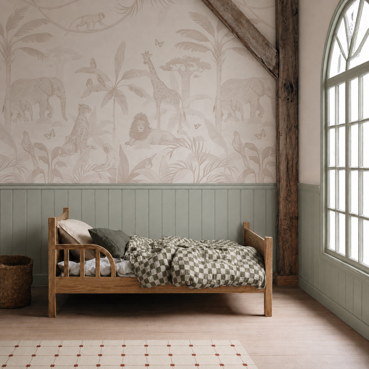 A cozy bedroom adorned with a wooden bed, green checkered bedding, and the African Safari Mural, Neutral creates the perfect setting for children’s room decor. The space is brightened by a large arched window allowing natural light to pour in, while the African Safari Mural, Neutral serves as a playful nursery accent that inspires imagination and adventure.