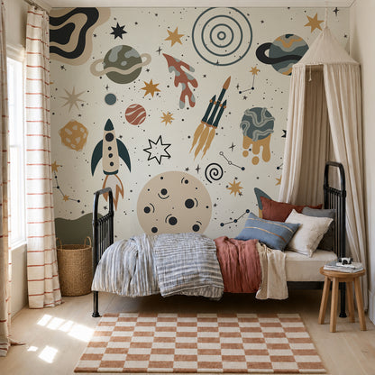 A cozy kids’ bedroom featuring a bed with striped bedding, a canopy, pillows, a striped rug, and a basket is adorned with the To The Moon Mural, showcasing rockets, planets, and stars in muted colors. Sunlight streams in from a window on the left.