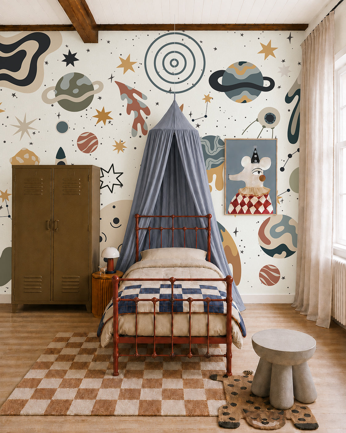 A children’s bedroom with a space-themed mural, featuring the captivating To The Moon Mural as kids room wallpaper, a red metal bed, blue canopy, brown locker, checkered rug, and light wood stool and table by the window with beige curtains.