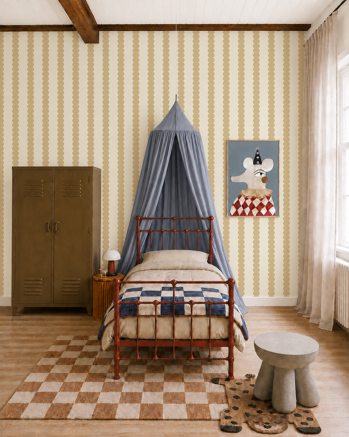 Children’s bedroom featuring a red metal bed, blue canopy, brown locker, checkered rug, small gray table and stools, and a mouse painting on yellow Scallop Stripe Wallpapered walls with curtains letting in natural light.