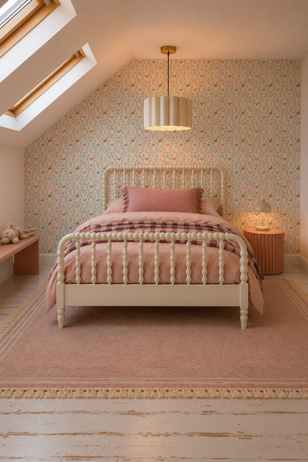 A cozy bedroom featuring a metal bed frame, pink bedding, whimsical Coles Berry Patch Wallpaper, a round lamp, plush rug, and slanted ceiling windows that let in natural light.