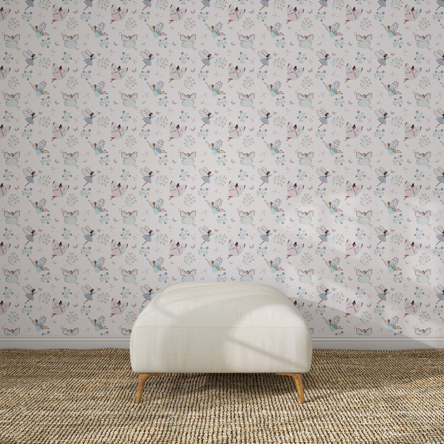 A white upholstered bench sits on a woven carpet in front of a light-colored wall adorned with Fairy Wonderland Purple Wallpaper Repeat Pattern.