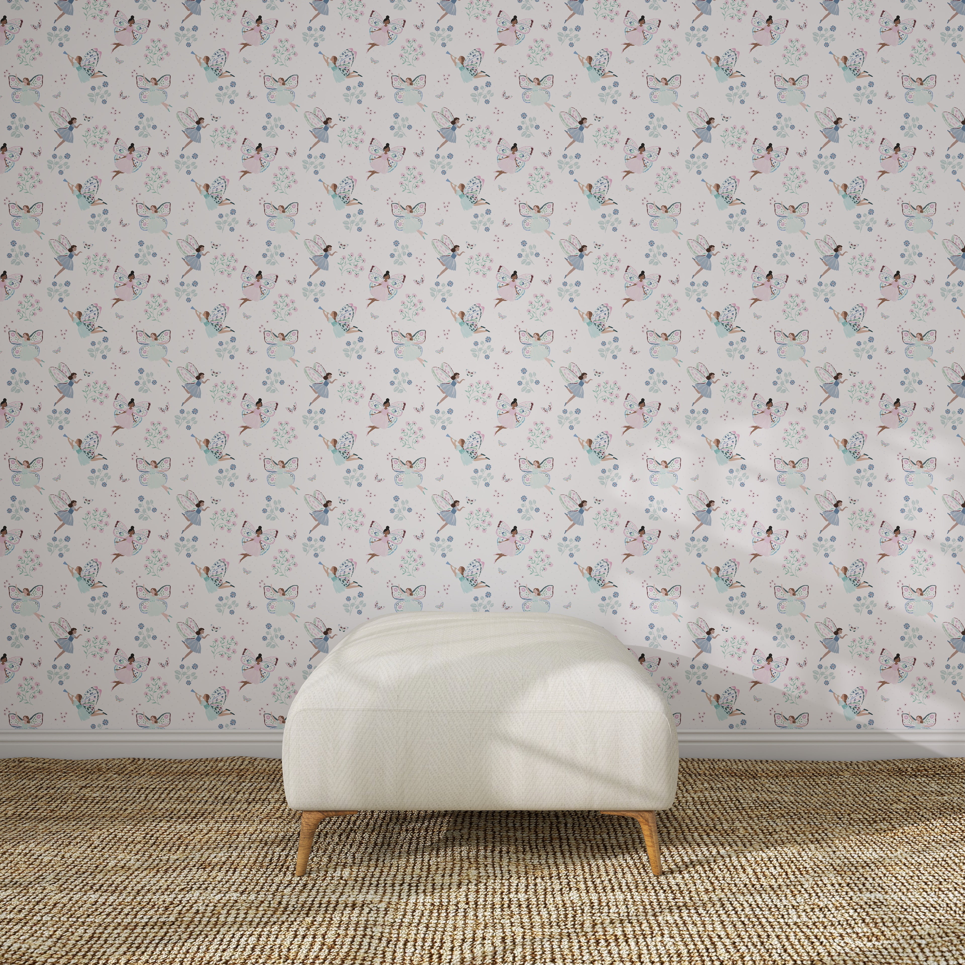 A white upholstered bench sits on a woven carpet in front of a light-colored wall adorned with Fairy Wonderland Purple Wallpaper Repeat Pattern.