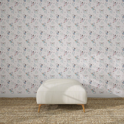 A white upholstered bench sits on a woven carpet in front of a light-colored wall adorned with Fairy Wonderland Purple Wallpaper Repeat Pattern.