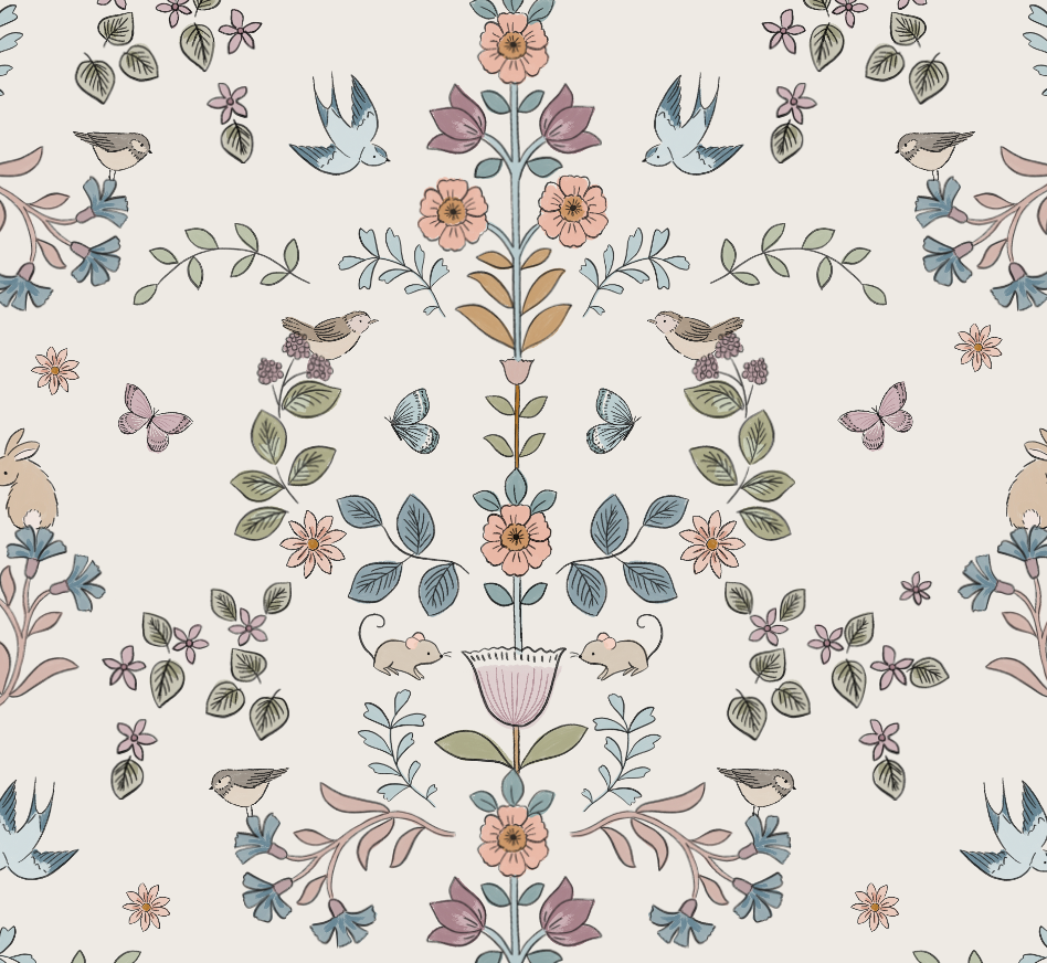 Explore the Forest Tales Wallpaper Repeat Pattern by munks and me, featuring whimsical birds, mice, butterflies, and rabbits amid pink, blue, and green flora on a cream backdrop for a serene touch.