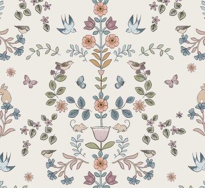 Explore the Forest Tales Wallpaper Repeat Pattern by munks and me, featuring whimsical birds, mice, butterflies, and rabbits amid pink, blue, and green flora on a cream backdrop for a serene touch.