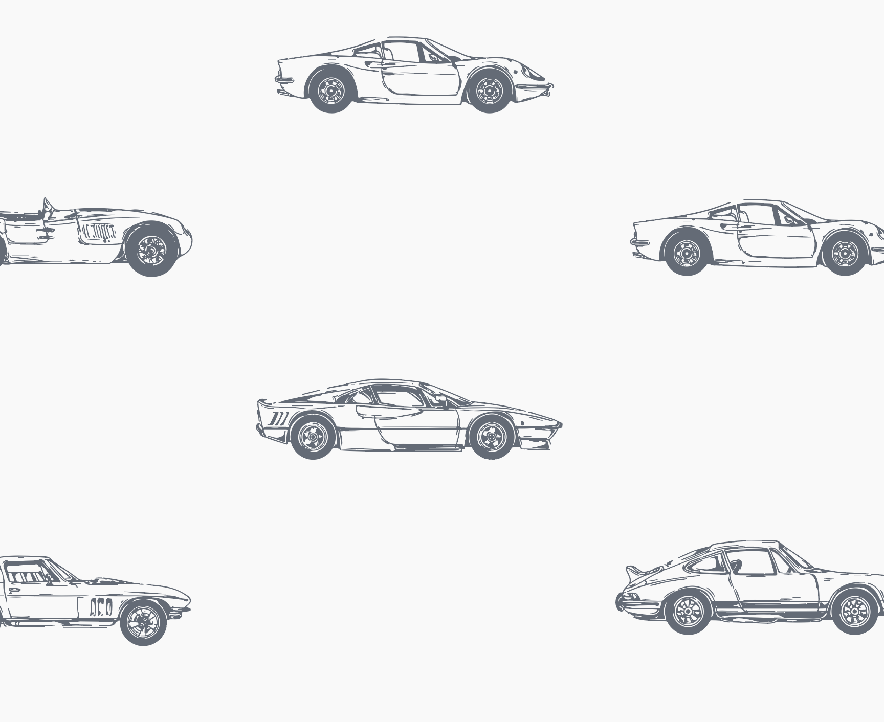 The Vintage Cars Wallpaper Repeat Pattern by munks and me showcases sketched classic sports cars in side profiles, evenly spaced on a plain background. Simple line drawings emphasize varying designs for a quality vintage automotive theme—ideal for enthusiasts seeking the perfect sample.