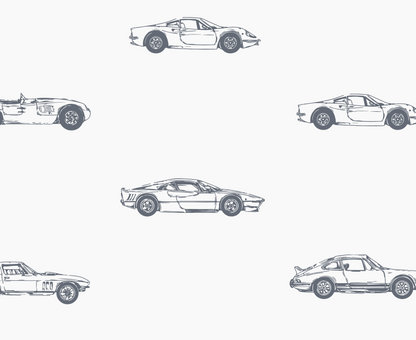 The Vintage Cars Wallpaper Repeat Pattern by munks and me showcases sketched classic sports cars in side profiles, evenly spaced on a plain background. Simple line drawings emphasize varying designs for a quality vintage automotive theme—ideal for enthusiasts seeking the perfect sample.