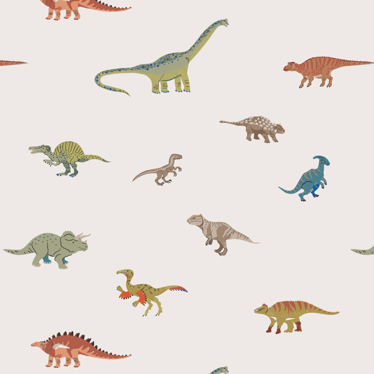 The Dino Discovery Repeat Wallpaper Pattern sample by munks and me features an illustrated design of dinosaurs such as a sauropod, triceratops, stegosaurus, and velociraptors, all in muted earthy tones on a light background to highlight the impressive color quality.