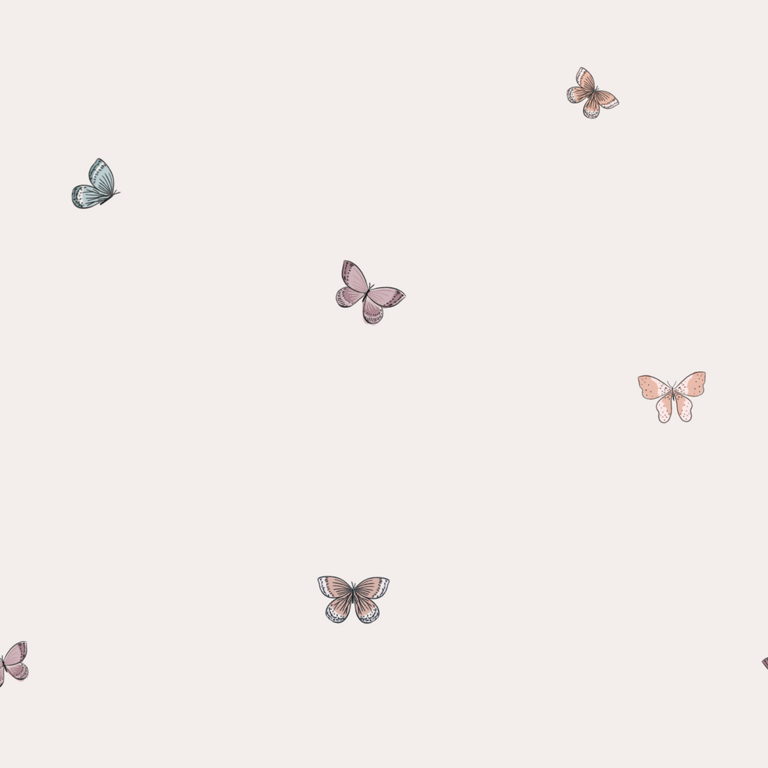 The Bibi Butterflies Wallpaper Repeat Pattern by munks and me features delicate pastel butterflies in purple, blue, and pink on a pale background, creating a soothing and elegant design ideal for tranquil decor or online imagery.