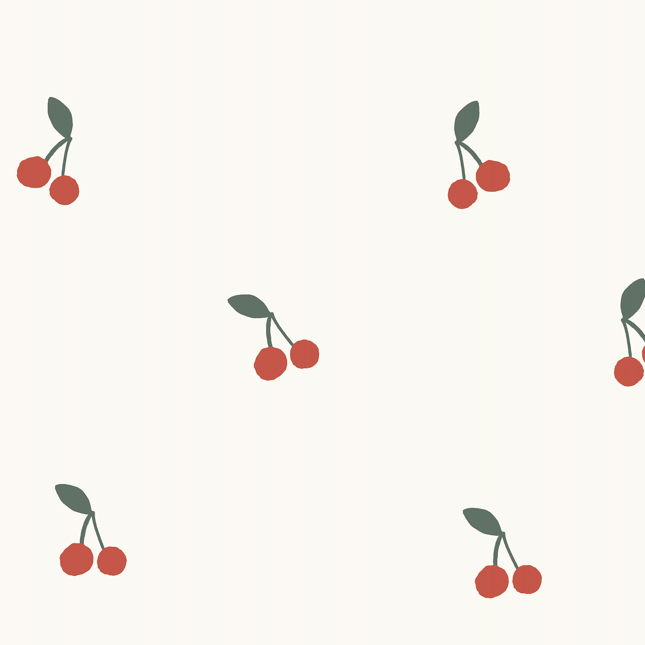 The Cherry Sprinkle Wallpaper Repeat Pattern by Munks and Me showcases a timeless minimalist cherry motif with red cherries and green leaves elegantly scattered on a crisp white background.