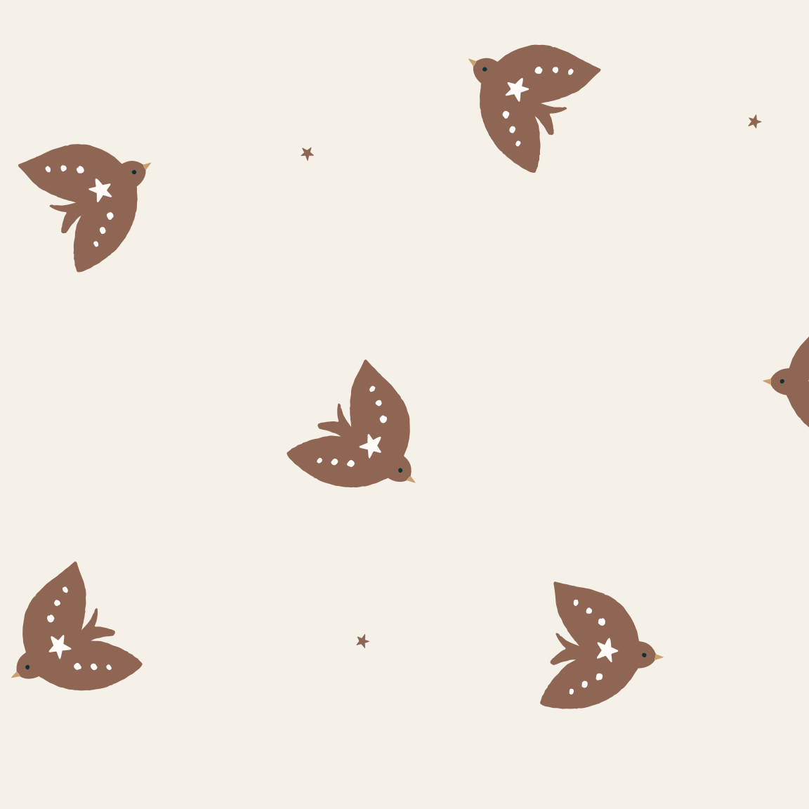 Discover the Flutter Sky Wallpaper Repeat Mocha by munks and me, featuring stylized mocha birds with star and dot accents soaring across a light beige canvas, interspersed with stars for a whimsical, minimalistic design.