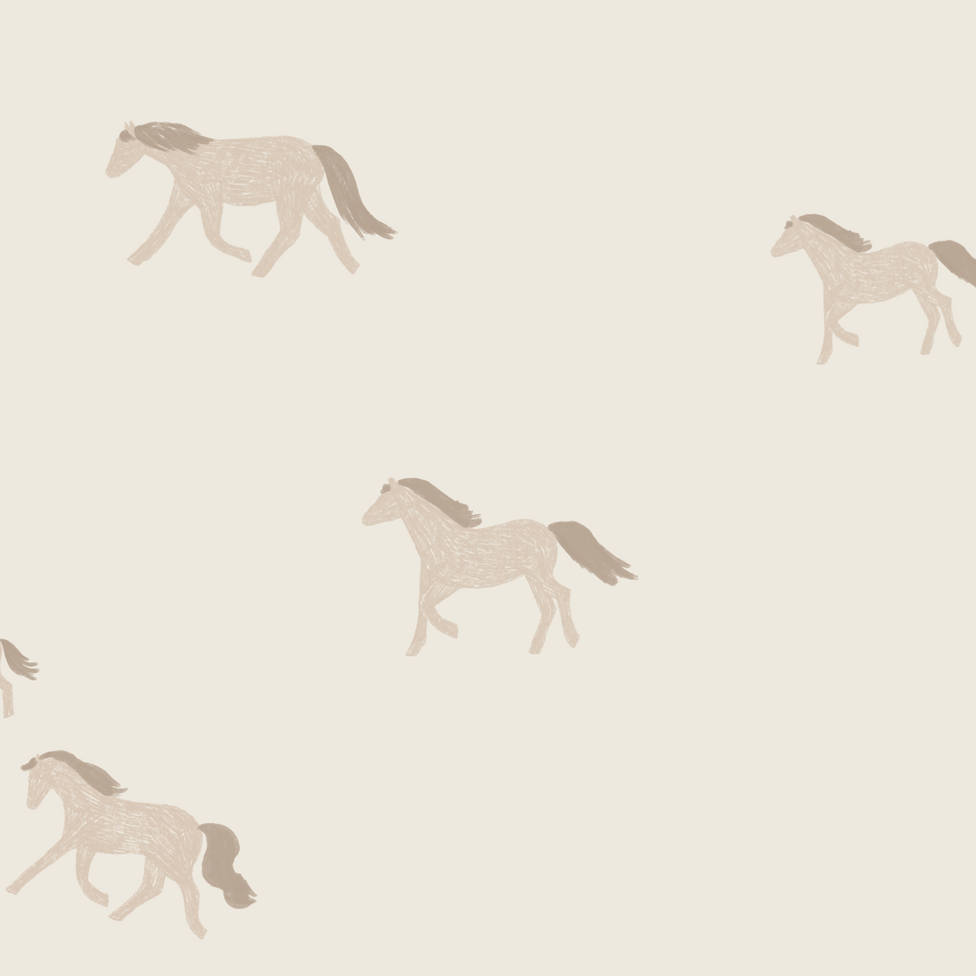 The Winter Wild Horses Wallpaper Repeat Pattern by munks and me offers a serene backdrop with light brown horses prancing on cream, featuring an evenly spaced, simple design that evokes the tranquility of a winter wonderland.