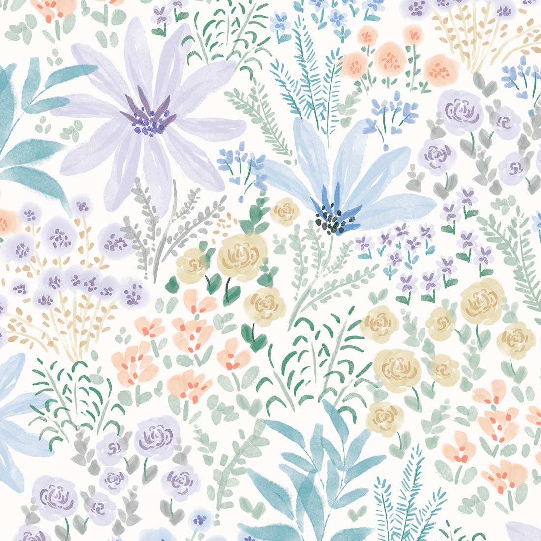 The Wildflower Waltz Wallpaper Repeat Pattern features seamless watercolor flowers and leaves in pastel blue, purple, peach, and green for a soft, whimsical botanical design with scattered ditsy blooms.