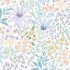 The Wildflower Waltz Wallpaper Repeat Pattern features seamless watercolor flowers and leaves in pastel blue, purple, peach, and green for a soft, whimsical botanical design with scattered ditsy blooms.