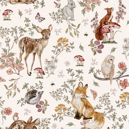 Whimsical Woodland Wallpaper features a seamless design with deer, fox, rabbit, owl, and hedgehog among flowers, butterflies, mushrooms, and greenery on a light background—ideal for nursery wallpaper.