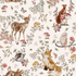 Whimsical Woodland Wallpaper features a seamless design with deer, fox, rabbit, owl, and hedgehog among flowers, butterflies, mushrooms, and greenery on a light background—ideal for nursery wallpaper.