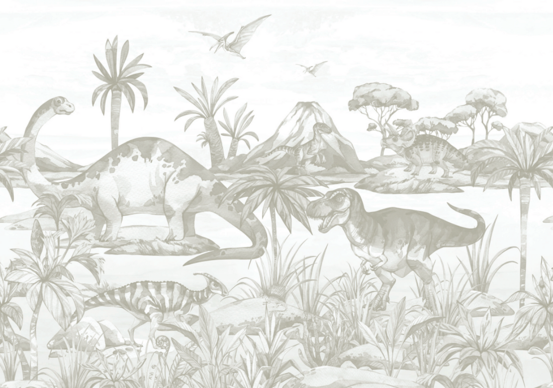A grayscale illustration of dinosaurs, including a sauropod, stegosaurus, and T. rex in a prehistoric landscape—Custom Dinosaur World Mural Wallpaper | Sample—adds unique style and showcases striking wallpaper quality.