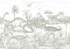 A grayscale illustration of dinosaurs, including a sauropod, stegosaurus, and T. rex in a prehistoric landscape—Custom Dinosaur World Mural Wallpaper | Sample—adds unique style and showcases striking wallpaper quality.