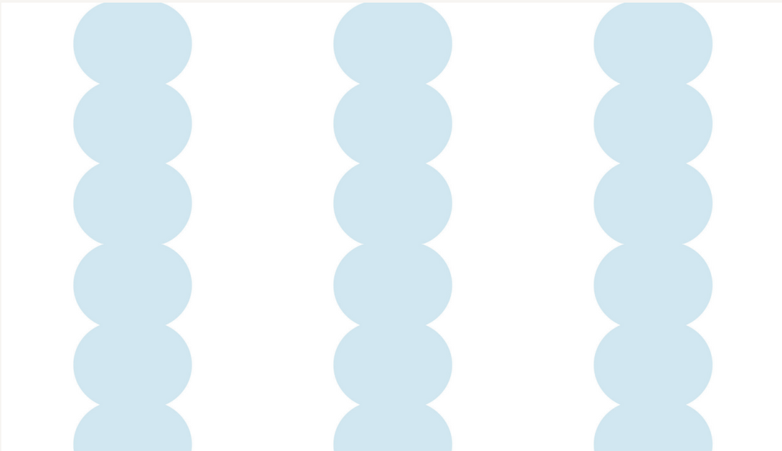 The Custom Blue Scallop Stripe V1 | Sample features light blue circles in three vertical columns of five, creating a crisp wallpaper pattern on a white background.