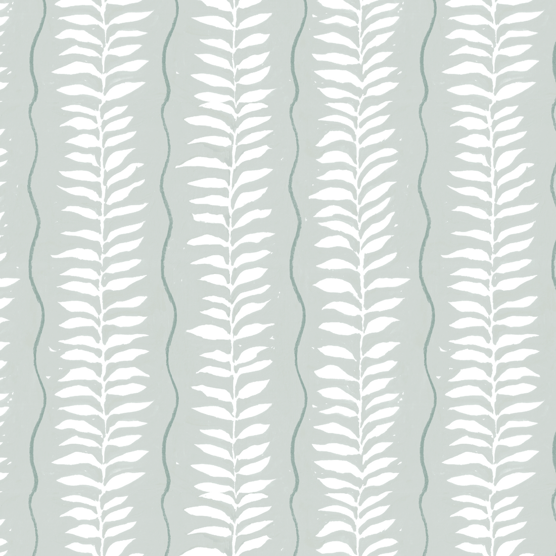 Meadow Leaf Stripe Wallpaper, Sea Foam features white leafy branches in vertical rows on a muted grayish-blue background with wavy lines between, creating a hand-drawn look—perfect as hand-painted botanical nursery wallpaper.