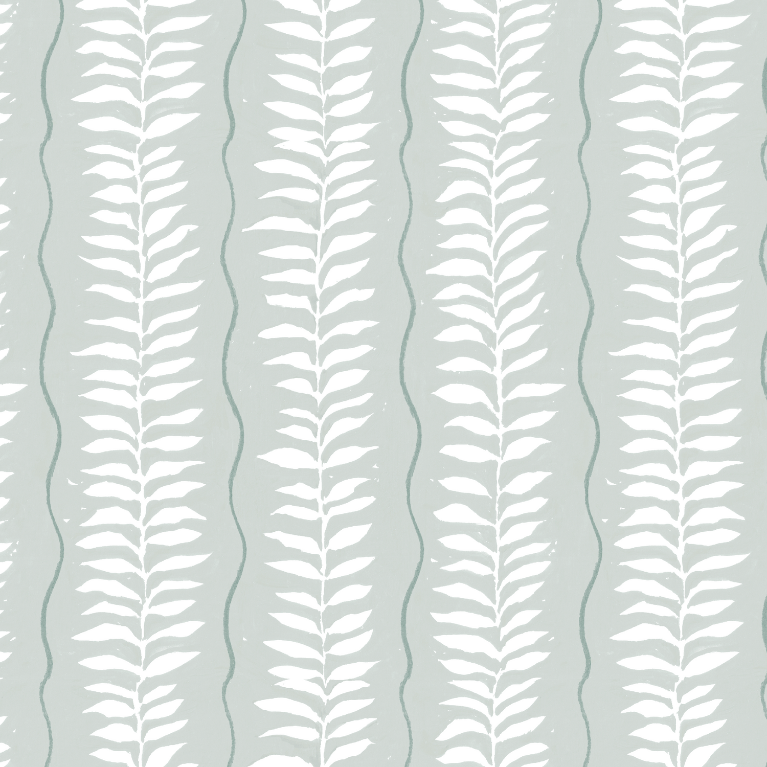 Meadow Leaf Stripe Wallpaper, Sea Foam features white leafy branches in vertical rows on a muted grayish-blue background with wavy lines between, creating a hand-drawn look—perfect as hand-painted botanical nursery wallpaper.