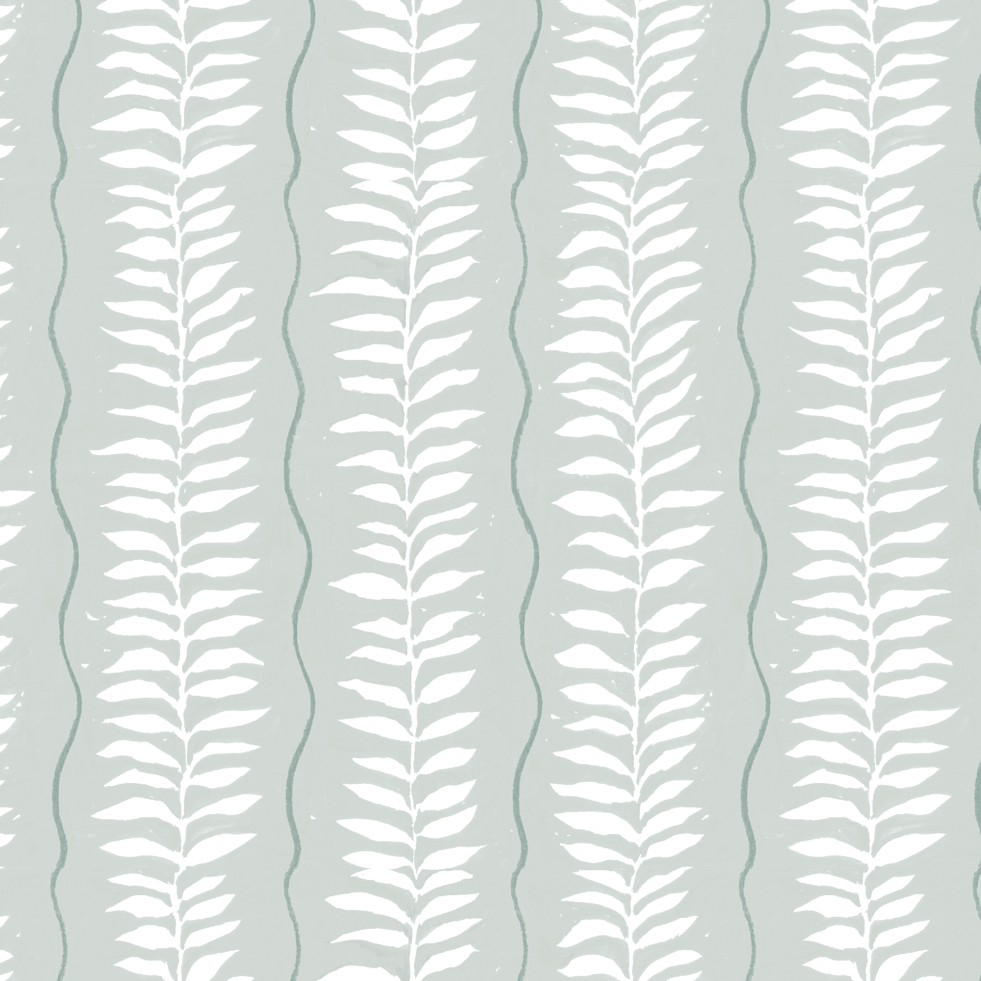 Meadow Leaf Stripe Wallpaper, Sea Foam features white leafy branches in vertical rows on a muted grayish-blue background with wavy lines between, creating a hand-drawn look—perfect as hand-painted botanical nursery wallpaper.