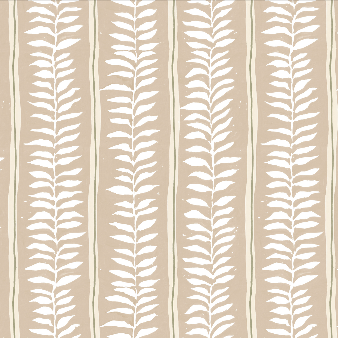 Meadow Leaf Stripe Wallpaper, Clay: Features a seamless beige background with vertical white leafy motifs and thin light beige stripes, creating a simple, nature-inspired repeating pattern—perfect for botanical nursery decor.