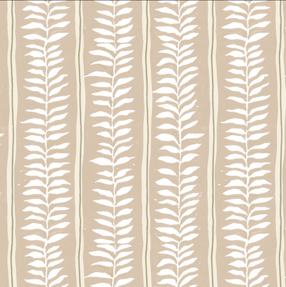 Meadow Leaf Stripe Wallpaper, Clay: Features a seamless beige background with vertical white leafy motifs and thin light beige stripes, creating a simple, nature-inspired repeating pattern—perfect for botanical nursery decor.