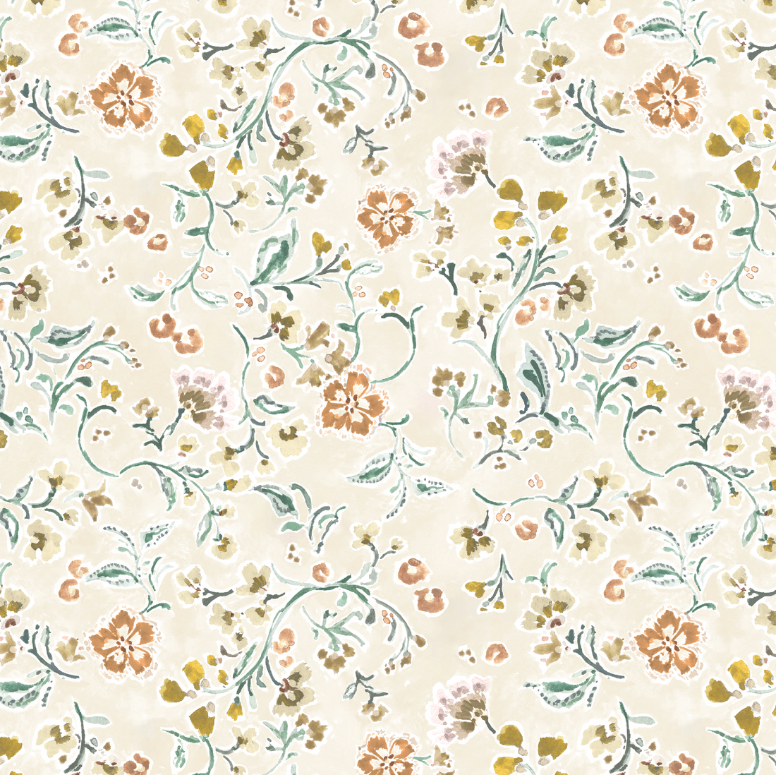 Terra Bloom Wallpaper features a seamless, hand-painted vintage floral pattern in soft orange, green, and beige with delicate flowers and swirling vines—perfect for nature-inspired wallpaper or nursery wall decor.