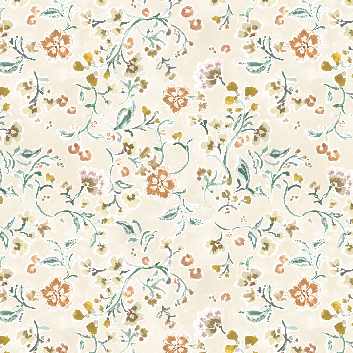 Terra Bloom Wallpaper features a seamless, hand-painted vintage floral pattern in soft orange, green, and beige with delicate flowers and swirling vines—perfect for nature-inspired wallpaper or nursery wall decor.