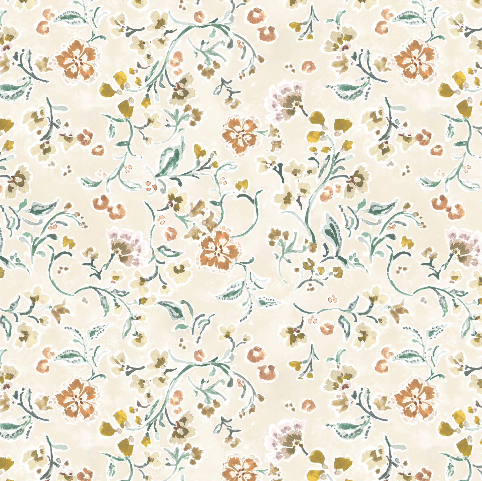 Terra Bloom Wallpaper features a seamless, hand-painted vintage floral pattern in soft orange, green, and beige with delicate flowers and swirling vines—perfect for nature-inspired wallpaper or nursery wall decor.