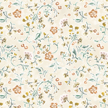 Terra Bloom Wallpaper features a seamless, hand-painted vintage floral pattern in soft orange, green, and beige with delicate flowers and swirling vines—perfect for nature-inspired wallpaper or nursery wall decor.