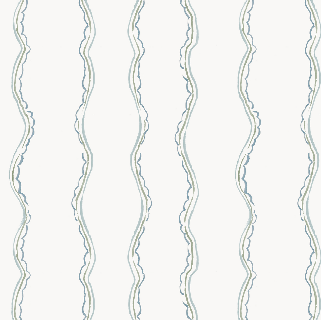 The Ribbon Stripe Wallpaper, Blue features a white background with hand-drawn vertical wavy lines in light blue and gray, spaced evenly apart. Its organic look and subtle line variations make it perfect for nurseries or as charming sage wall decor.