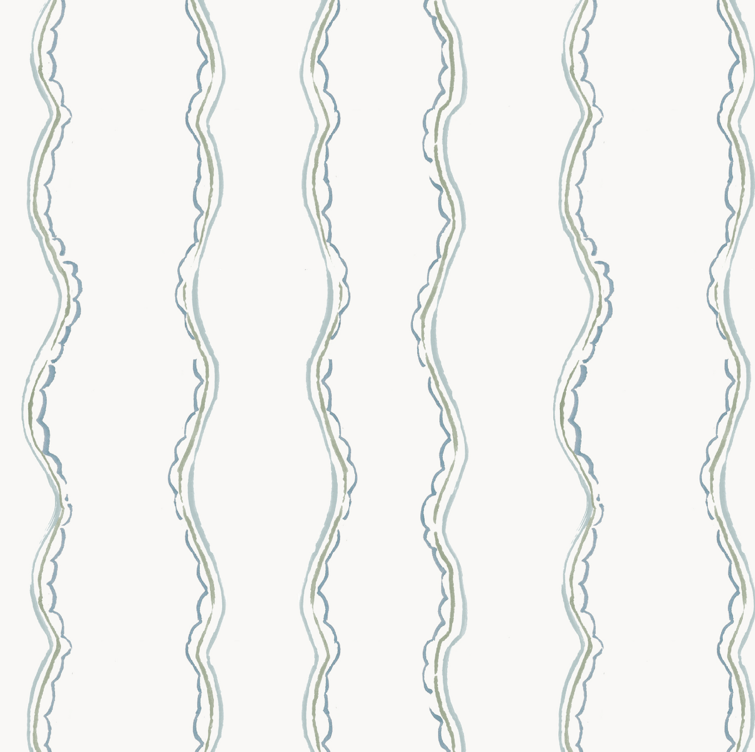 The Ribbon Stripe Wallpaper, Blue features a white background with hand-drawn vertical wavy lines in light blue and gray, spaced evenly apart. Its organic look and subtle line variations make it perfect for nurseries or as charming sage wall decor.
