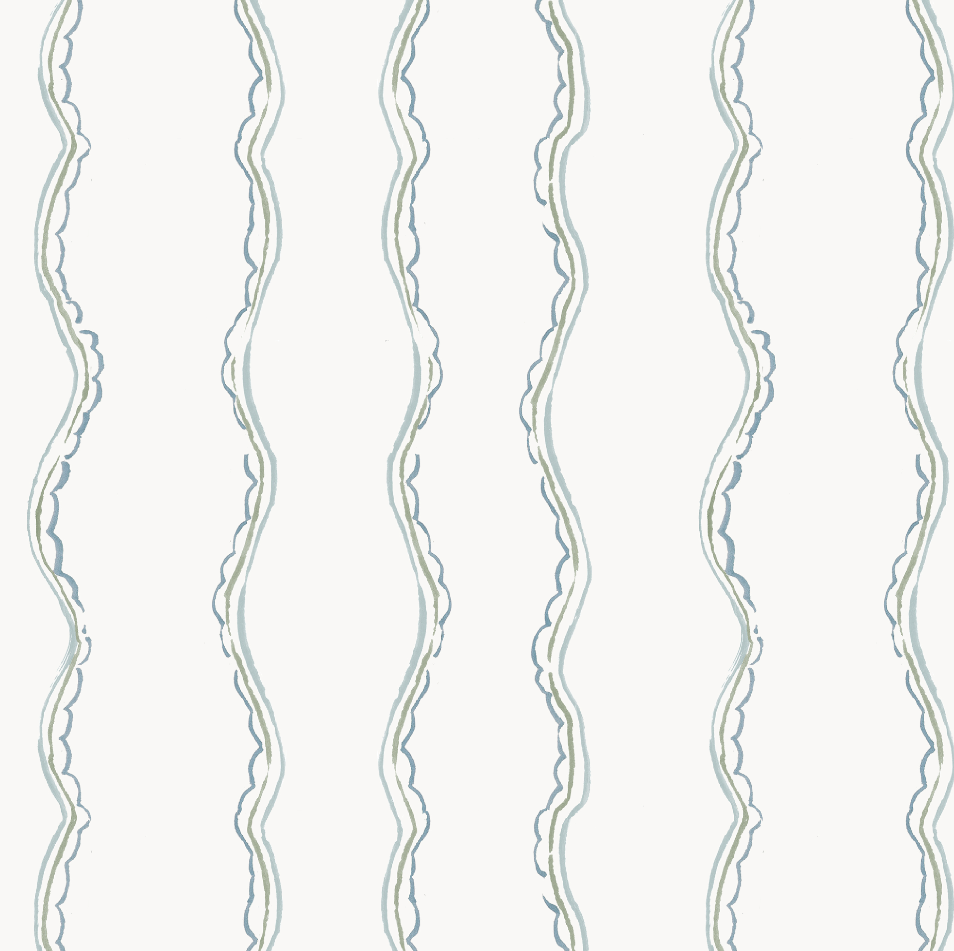 The Ribbon Stripe Wallpaper, Blue features a white background with hand-drawn vertical wavy lines in light blue and gray, spaced evenly apart. Its organic look and subtle line variations make it perfect for nurseries or as charming sage wall decor.