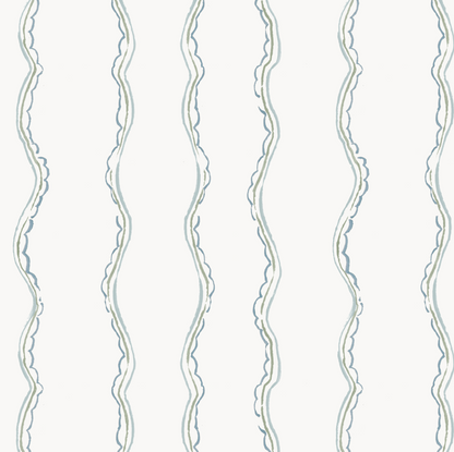 The Ribbon Stripe Wallpaper, Blue features a white background with hand-drawn vertical wavy lines in light blue and gray, spaced evenly apart. Its organic look and subtle line variations make it perfect for nurseries or as charming sage wall decor.
