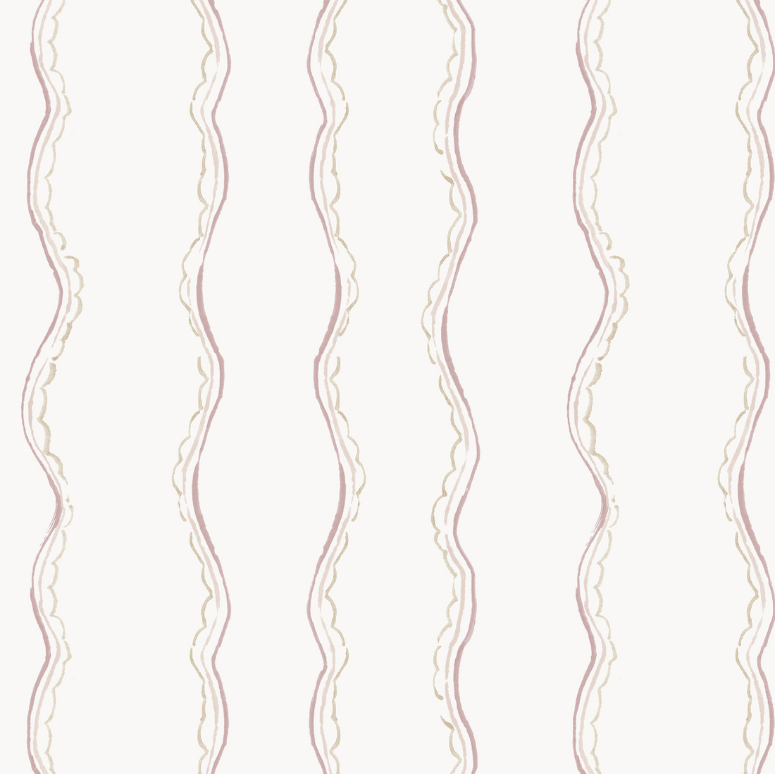 The Ribbon Stripe Wallpaper, Rose features seamless vertical wavy lines in pastel pink and beige on white. Its hand-drawn look adds a soft, delicate touch—ideal for elegant children’s rooms or nursery décor.
