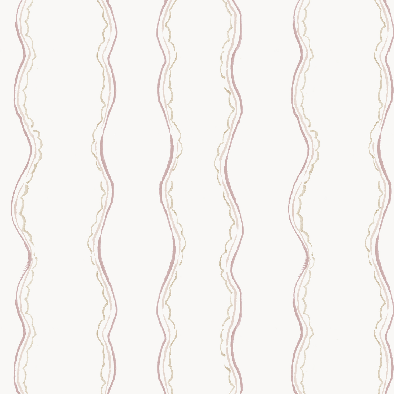 The Ribbon Stripe Wallpaper, Rose features seamless vertical wavy lines in pastel pink and beige on white. Its hand-drawn look adds a soft, delicate touch—ideal for elegant children’s rooms or nursery décor.