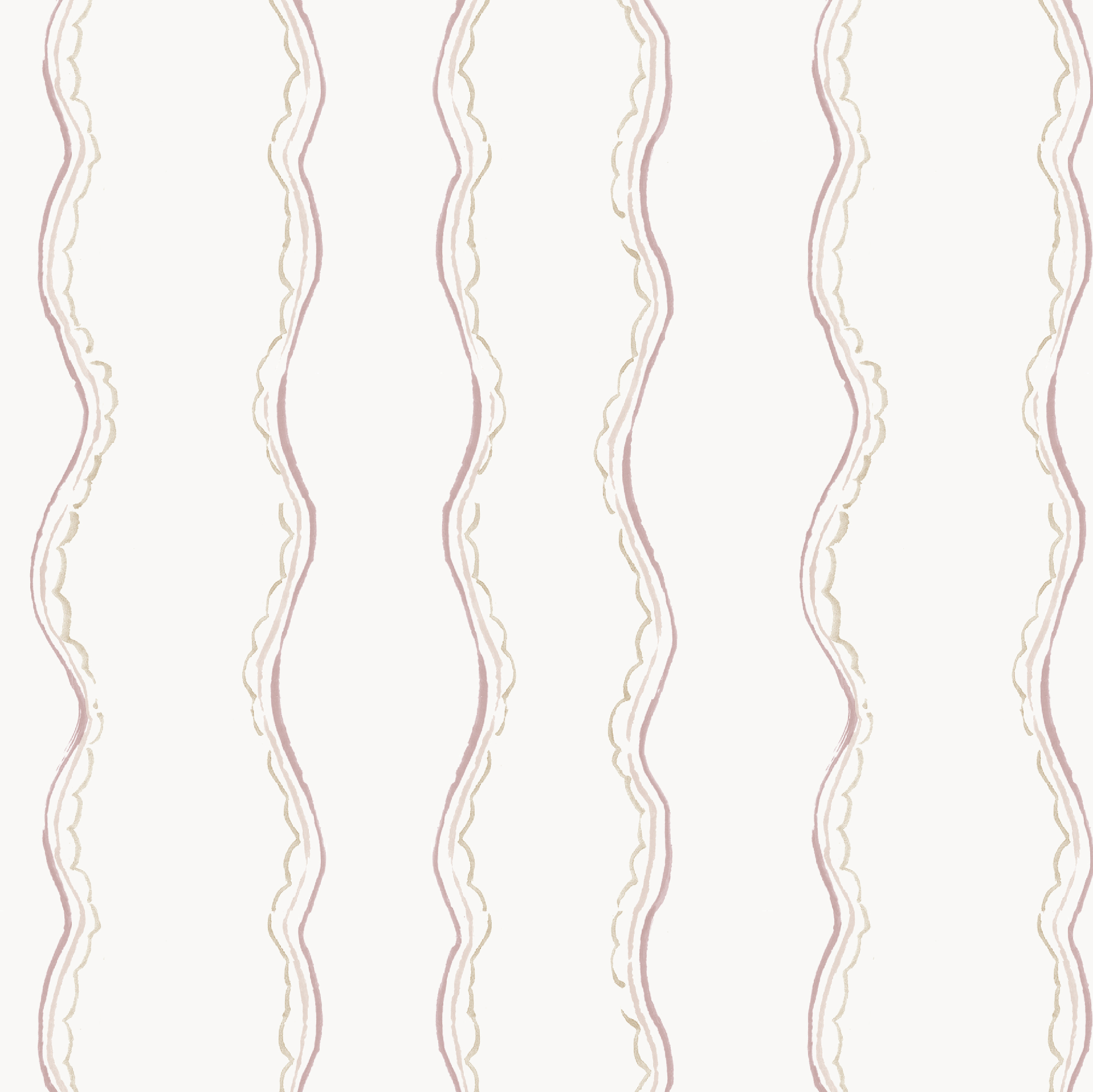 The Ribbon Stripe Wallpaper, Rose features seamless vertical wavy lines in pastel pink and beige on white. Its hand-drawn look adds a soft, delicate touch—ideal for elegant children’s rooms or nursery décor.