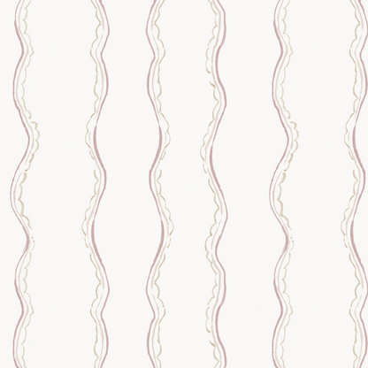 The Ribbon Stripe Wallpaper, Rose features seamless vertical wavy lines in pastel pink and beige on white. Its hand-drawn look adds a soft, delicate touch—ideal for elegant children’s rooms or nursery décor.