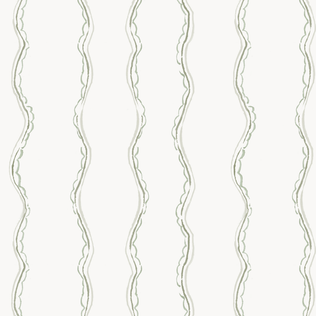 Ribbon Stripe Wallpaper, Sage features wavy vertical lines in soft green and gray on white, creating a simple, hand-drawn look—ideal for a nursery or as elegant decor for children&