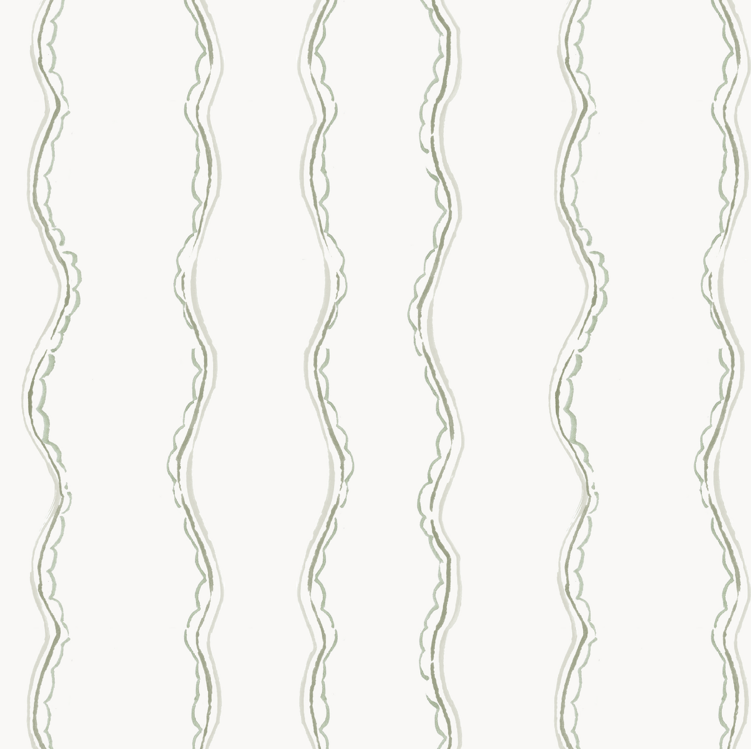 Ribbon Stripe Wallpaper, Sage features wavy vertical lines in soft green and gray on white, creating a simple, hand-drawn look—ideal for a nursery or as elegant decor for children&