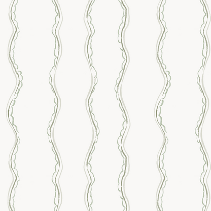 Ribbon Stripe Wallpaper, Sage features wavy vertical lines in soft green and gray on white, creating a simple, hand-drawn look—ideal for a nursery or as elegant decor for children&
