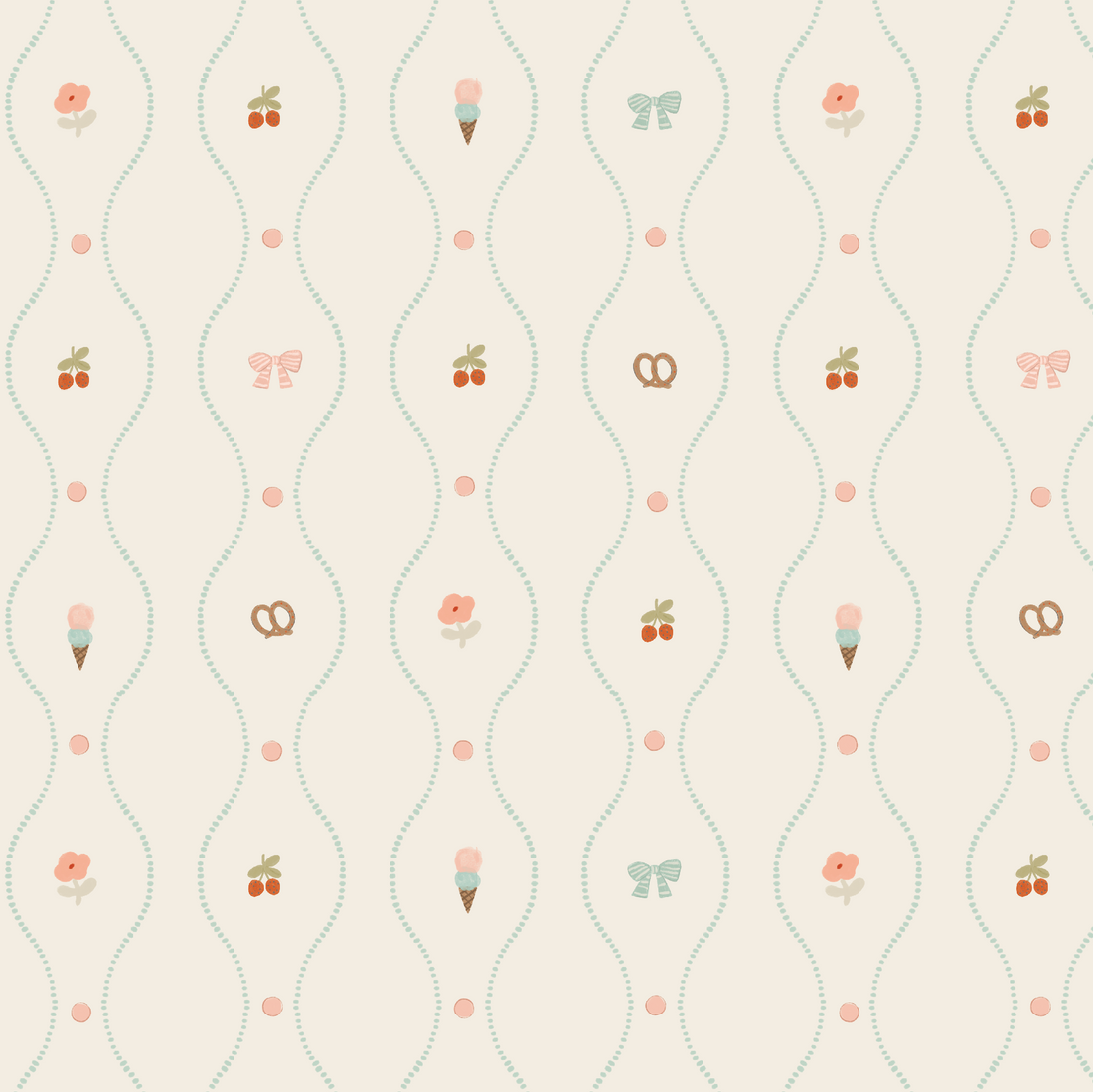 The Little Patisserie Stripe Wallpaper features a seamless hand-drawn pattern with pastel ice cream cones, flowers, cherries, bows, and pretzels in rows along wavy dotted lines on a light beige background accented with pink dots.