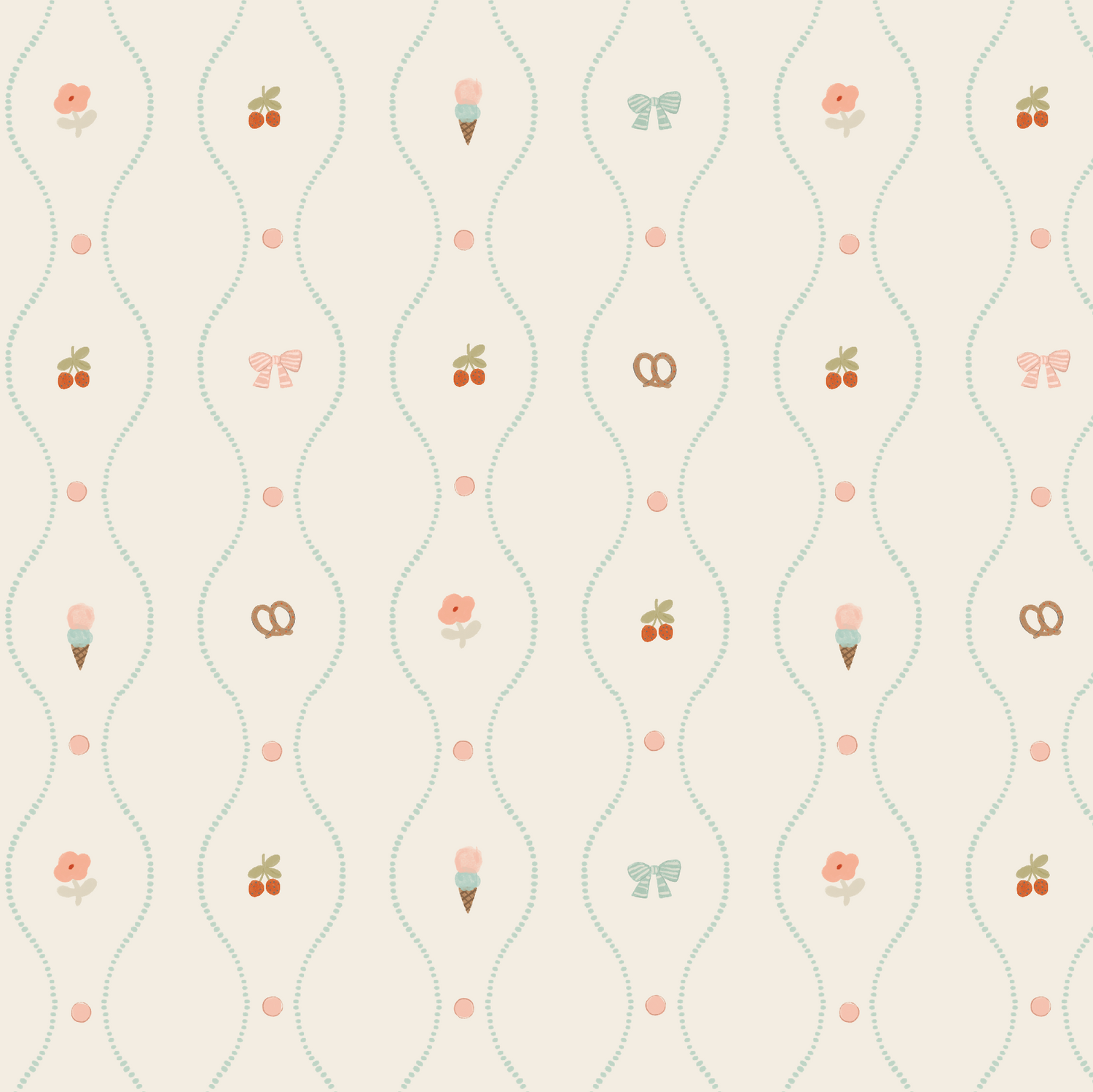 The Little Patisserie Stripe Wallpaper features a seamless hand-drawn pattern with pastel ice cream cones, flowers, cherries, bows, and pretzels in rows along wavy dotted lines on a light beige background accented with pink dots.