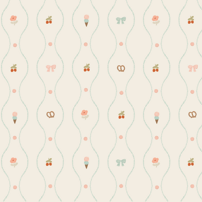The Little Patisserie Stripe Wallpaper features a seamless hand-drawn pattern with pastel ice cream cones, flowers, cherries, bows, and pretzels in rows along wavy dotted lines on a light beige background accented with pink dots.