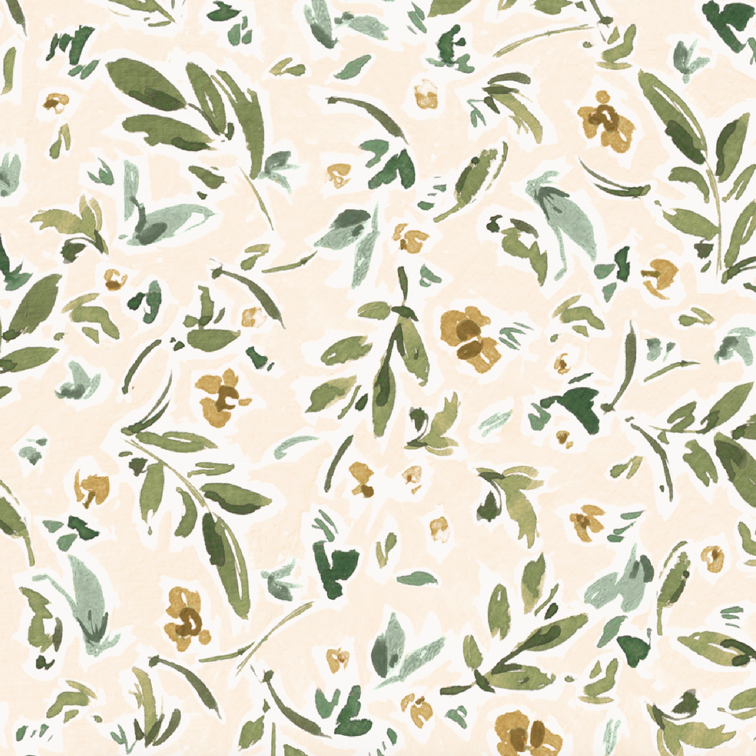 Meadow Flutter Leaves Wallpaper features a seamless floral pattern with green and olive watercolor leaves and small yellow flowers on a light beige background, creating a soft, hand-painted look ideal for nature-inspired kids&