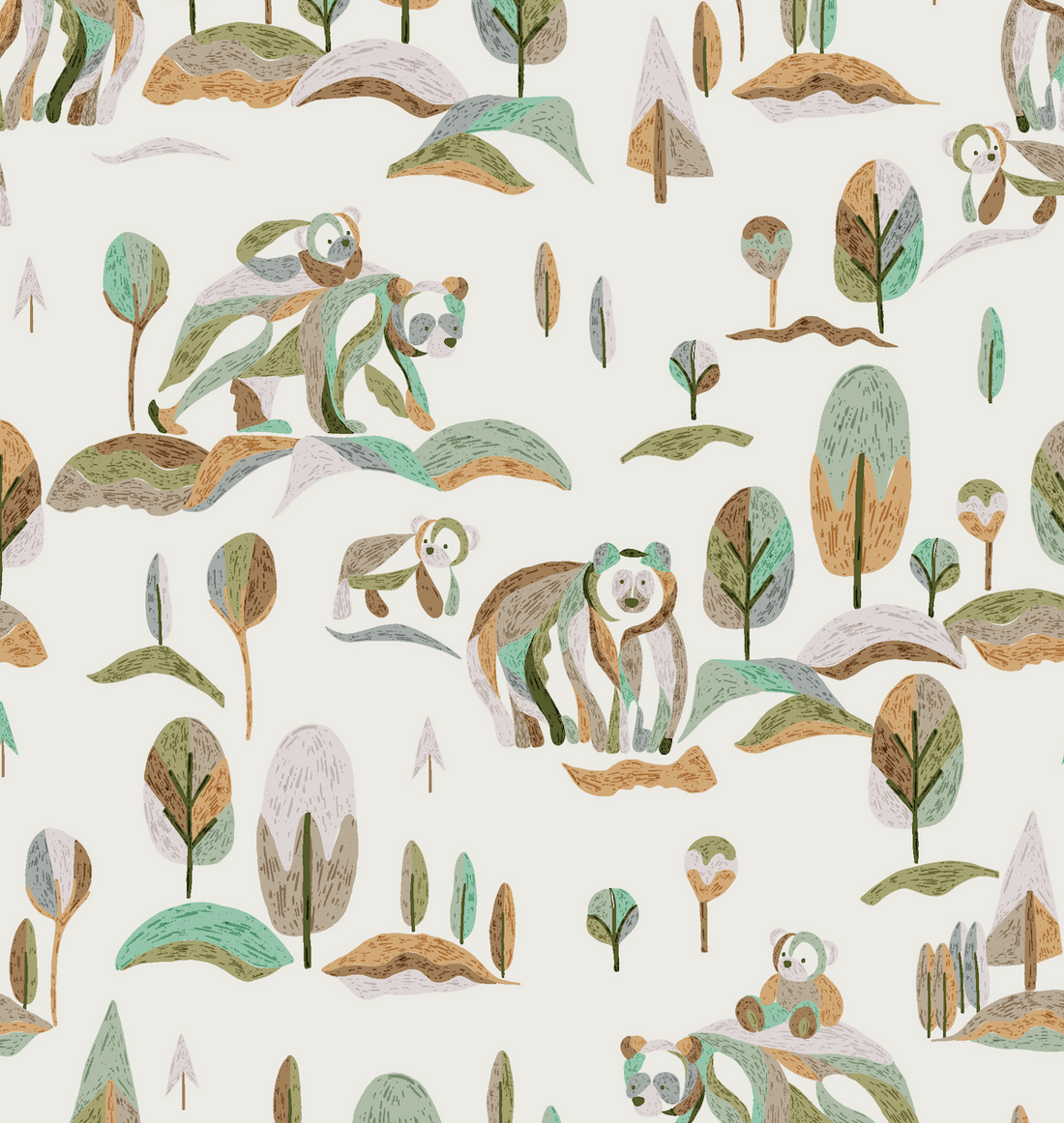 The Winter Bears Repeat Pattern by munks and me features patterned pandas in playful poses amidst a whimsical forest of stylized greenery, trees, and hills. Its muted earthy tones make it perfect for nursery decor and transforming any kids space into a cozy wonderland.