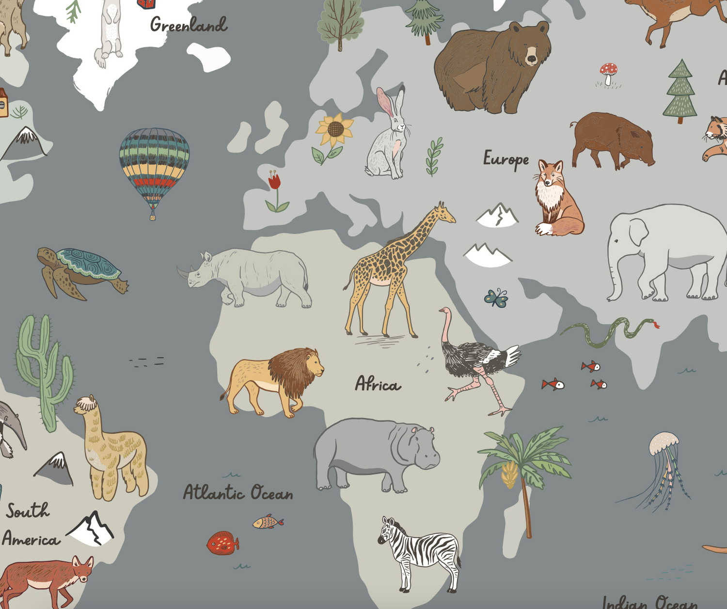 Discover the World Map Wallpaper Mural in Blue by munks and me. Featuring educational illustrations of continents with labeled animals—bear and fox in Europe, giraffe and lion in Africa, cacti in South America—its perfect for geography fans. Detailed ocean labels include the Atlantic, Indian, and Greenland.